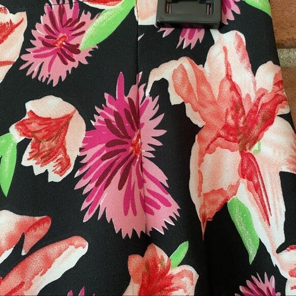 Black, Pink, and Green Vibrant Floral Print A-Line Skirt w/ Zipper and Elastic - Picture 3 of 7